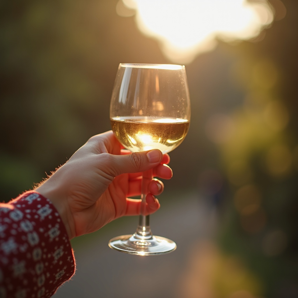 Popotniški detajl v mestu Brežice: A hand holding a glass of wine